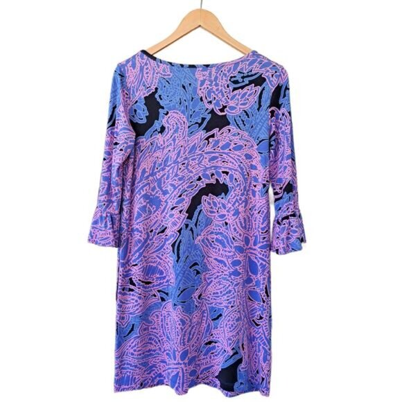 TORI RICHARD Lana Ruffle Sleeve Jersey Shift Mini Dress Small Pink Periwinkle - Picture 7 of 10